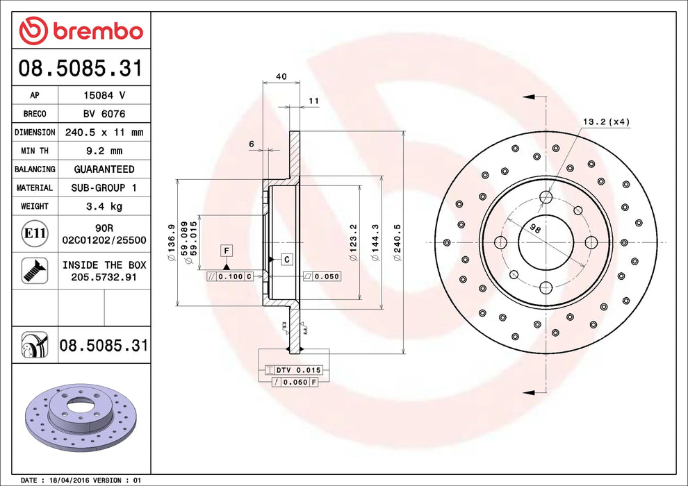 Disco Verniciato Brembo 08.5085.31 Prime Line