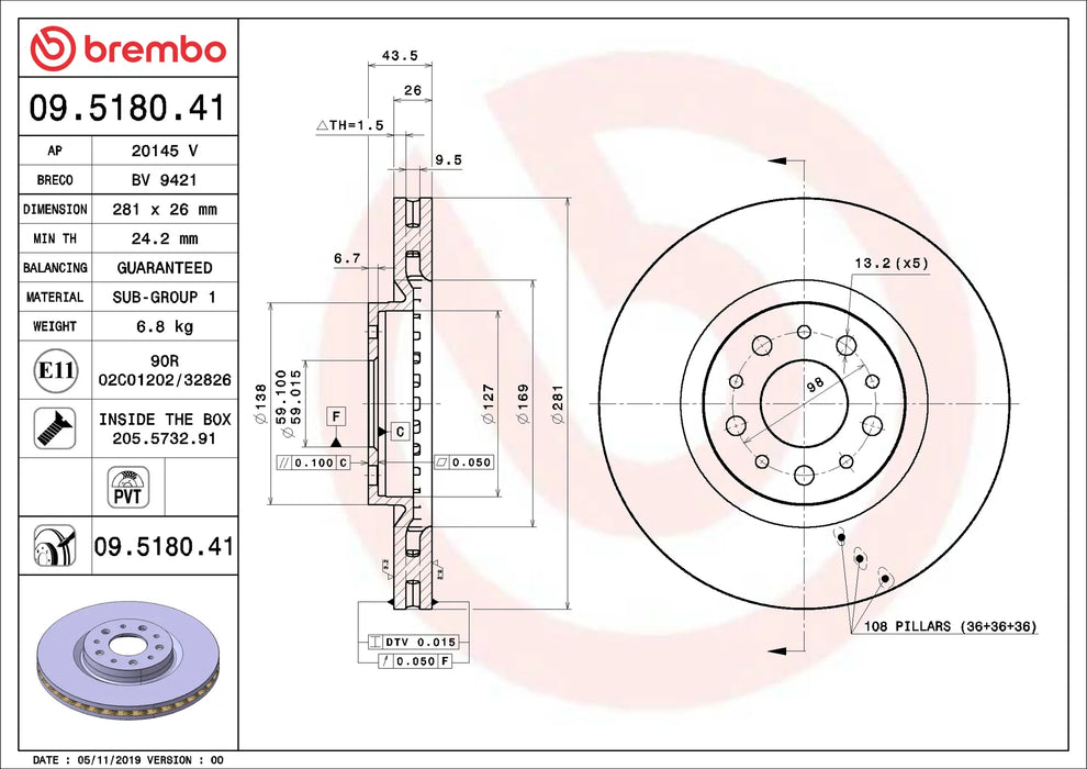 Disco Verniciato Brembo 09.5180.41 Prime Line