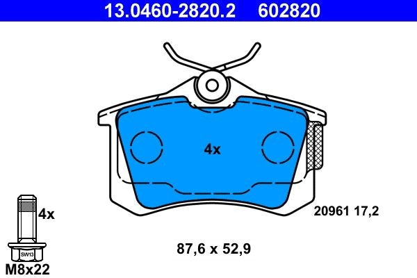 PASTIGLIA FRENO ATE 602820 - APPLICABILITA' VW, AUDI ,SEAT, SKODA, PEUGEOT, CITROEN.